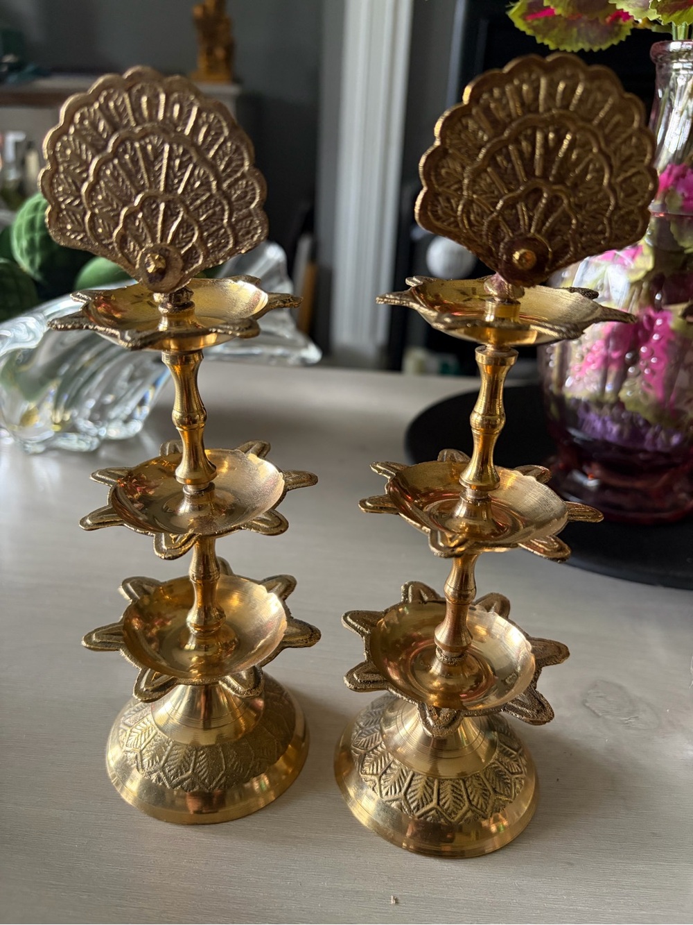 Brass Tiered Diya Candle Holders - Gold Finish Pair